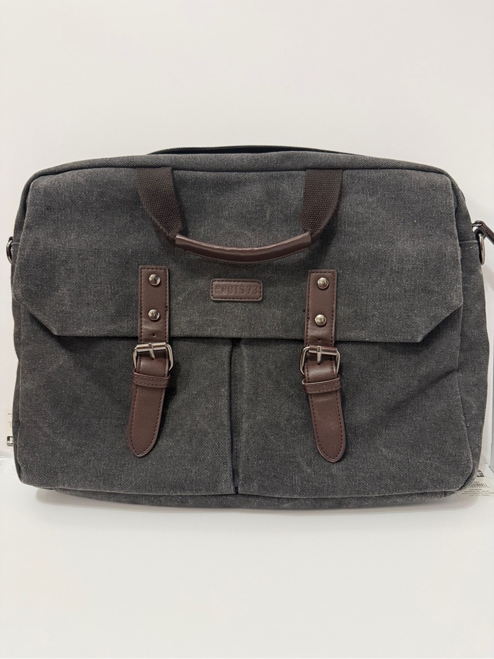 ROOTS73 Gray Canvas Messenger Briefcase with Brown Faux Leather Trim